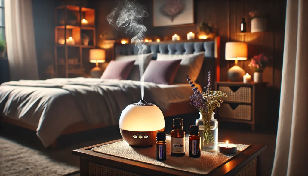 Aromatherapy diffuser with lavender, chamomile, and frankincense essential oils in a cozy bedroom setting, promoting restful sleep and cortisol reduction.