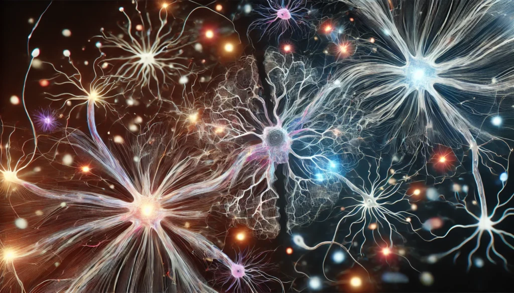 A scientific representation of neural pathways being disrupted, showing both active and fading connections. The image symbolizes the complex relationship between Cymbalta and cognitive decline, with bright and darkened synapses representing memory changes.