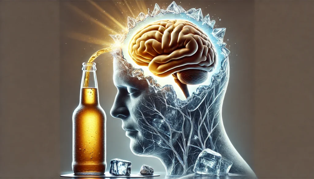 A conceptual illustration of alcohol’s effect on memory, showing a human head with a brain made of ice, where parts are melting due to excessive alcohol consumption. A protective barrier of golden light surrounds one section of the brain, symbolizing memory preservation through responsible drinking habits.