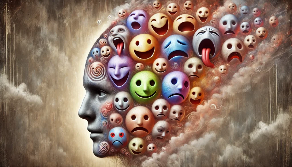 A surreal depiction of a human head with multiple emotional masks emerging, symbolizing mood swings and personality shifts in dementia patients. Some masks appear joyful, others fearful or angry, all blending into a foggy, dreamlike background.