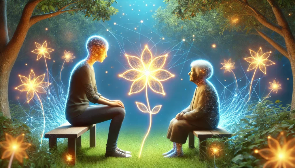 A symbolic representation of communication—A younger person and an elderly dementia patient sitting together in a peaceful garden, surrounded by glowing threads connecting them, symbolizing patience, empathy, and emotional understanding.