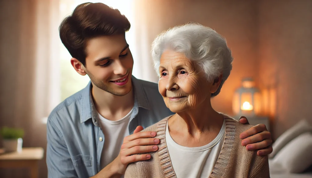 A touching scene—A young adult guiding an elderly dementia patient, who looks slightly confused but comforted. The background features a softly glowing home, symbolizing warmth, patience, and understanding in dementia care.