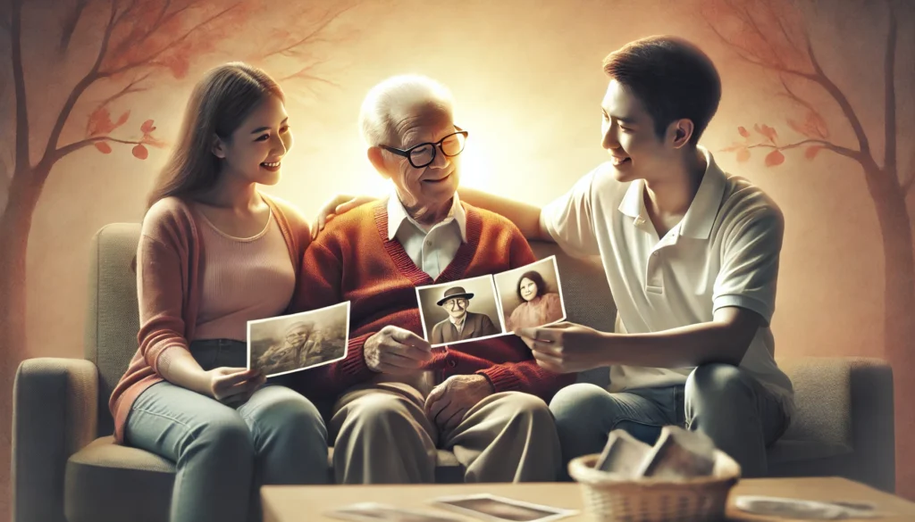 A family gathering—A dementia patient sitting with their loved ones, engaging in a joyful activity like looking at old photos. The warm, glowing atmosphere emphasizes connection, reminiscence, and the importance of patience.