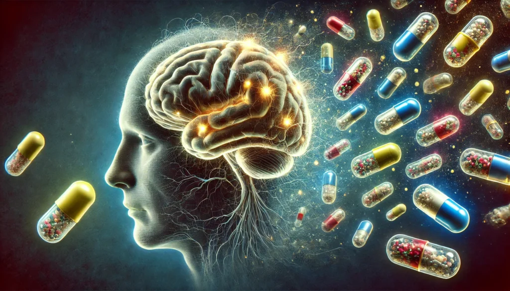 An artistic depiction of a brain with fading neural connections, surrounded by floating medication capsules. Some capsules glow while others fade, symbolizing the impact of certain medications on dementia and cognitive decline.