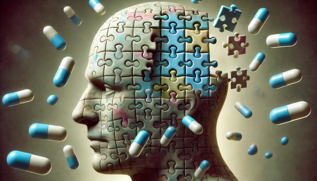 A surreal image of a human head with puzzle pieces missing, symbolizing memory decline due to certain medications. Floating pills replace some of the missing puzzle pieces, illustrating the negative effects of specific drugs on dementia management.