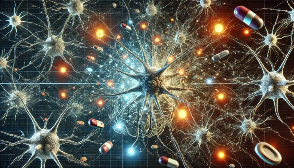 A futuristic medical visualization of neurons being disrupted by medication, with some neural pathways glowing while others fade into darkness. The contrast between active and deteriorating synapses represents the complex impact of certain medications on dementia progression.