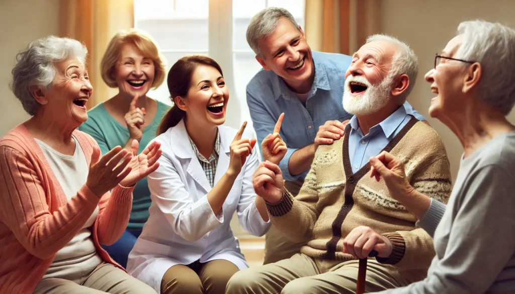 A lively group therapy session where elderly individuals with dementia participate in interactive speech exercises. Participants express emotions, engage in facial exercises, and share laughter in a supportive atmosphere.