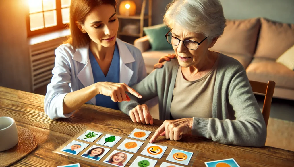 An elderly person involved in a speech therapy activity using picture cards, pointing and reacting with expressive emotions. The therapist gently guides them in a warm, home-like setting to stimulate cognition.