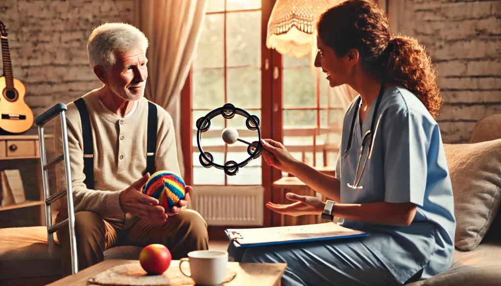 A creative speech therapy session where an elderly person with dementia plays a simple musical instrument, such as a tambourine or drum, while the therapist encourages vocal participation. The warm setting fosters speech and cognitive engagement.