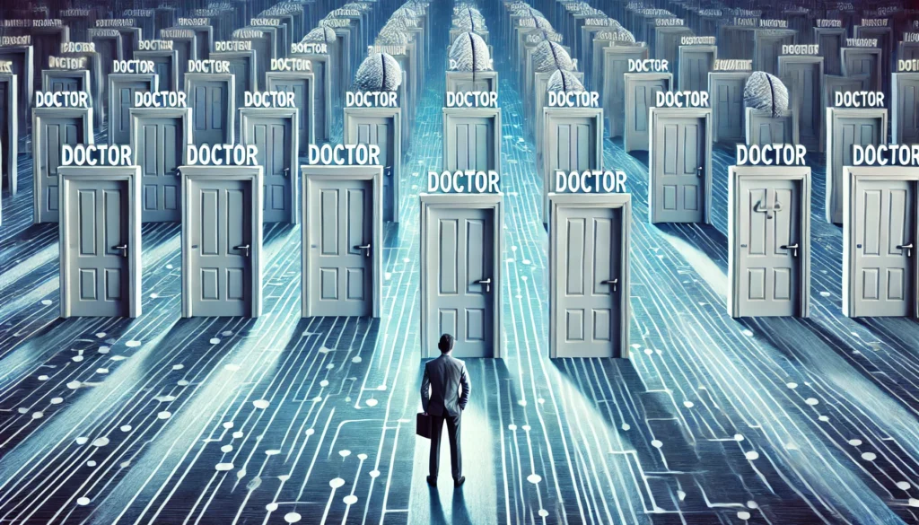 A symbolic image of a patient standing before multiple doors, each leading to a different doctor, representing the decision-making process in selecting the right specialist for memory issues.