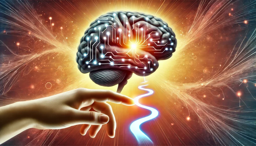 A symbolic visualization of expert help in understanding memory loss, featuring a glowing brain pathway being guided by a supportive hand, representing knowledge, guidance, and hope through local specialists.