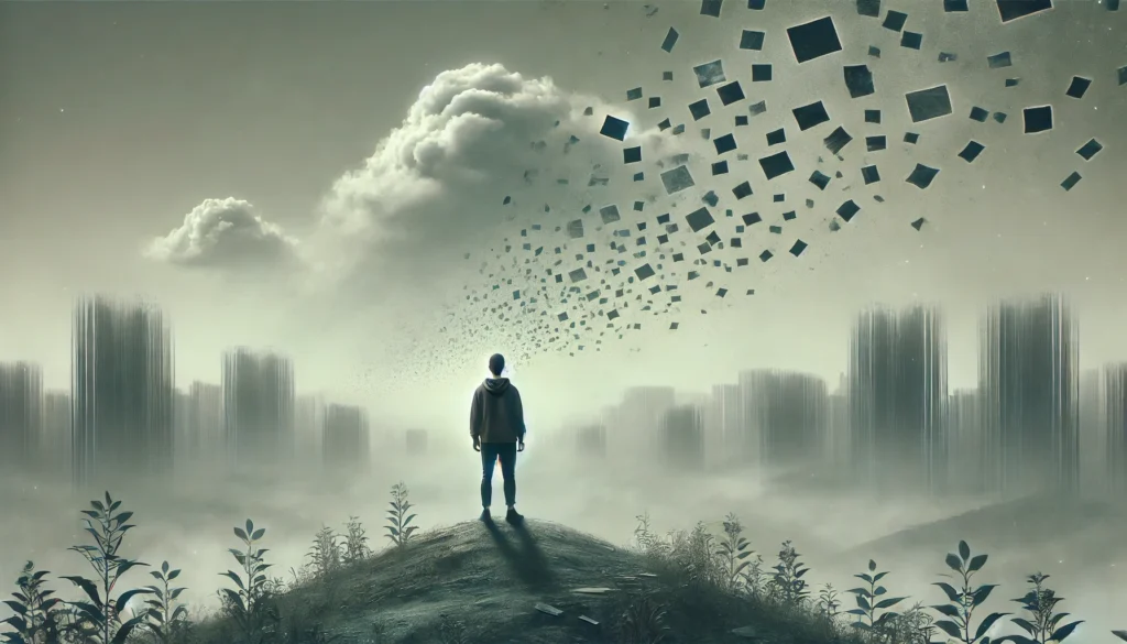 A surreal image of a person standing in a foggy landscape with fragmented memories floating away, representing memory loss due to depression. The hazy environment and disappearing memory fragments illustrate the mental fog associated with depressive disorders.