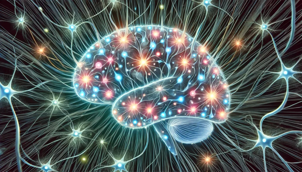 A detailed illustration of neural connections dimming inside a brain, symbolizing the effect of depression on memory function. Some synapses glow brightly while others fade into darkness, visually depicting cognitive decline and memory impairment linked to mental health.