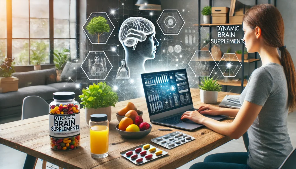 Modern workspace with a person working on a laptop, accompanied by healthy snacks and water, symbolizing productivity and focus achieved with dynamic brain supplements.