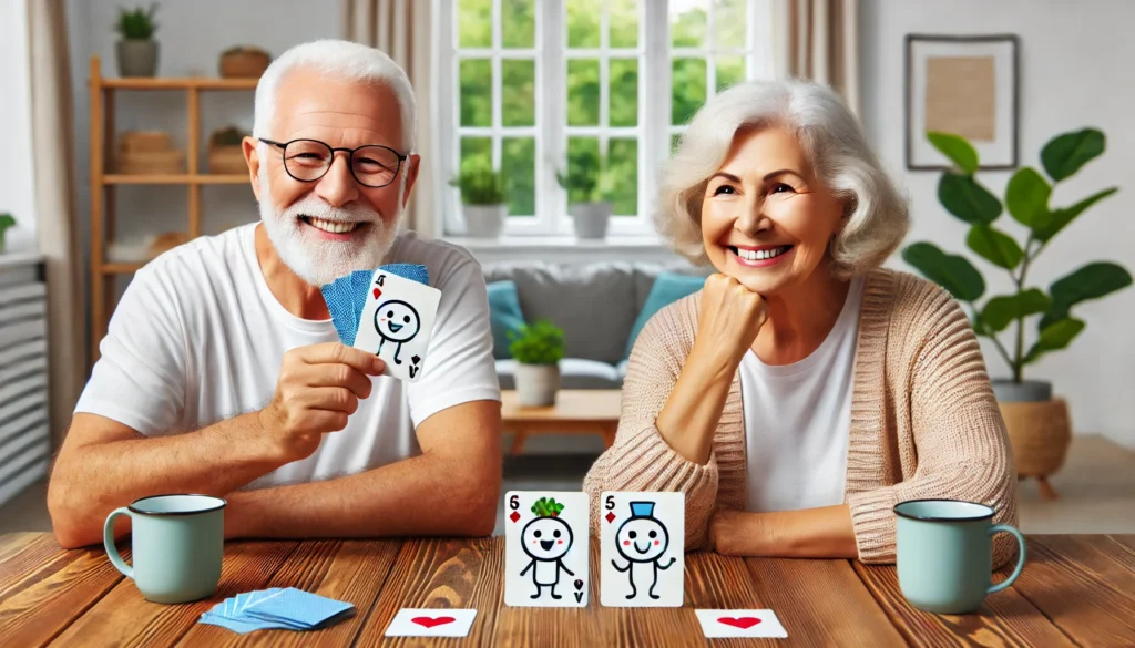 A joyful image of a senior couple sitting at a wooden dining table, happily playing a memory match card game in a bright and cheerful home environment, emphasizing cognitive engagement through easy brain games for seniors.