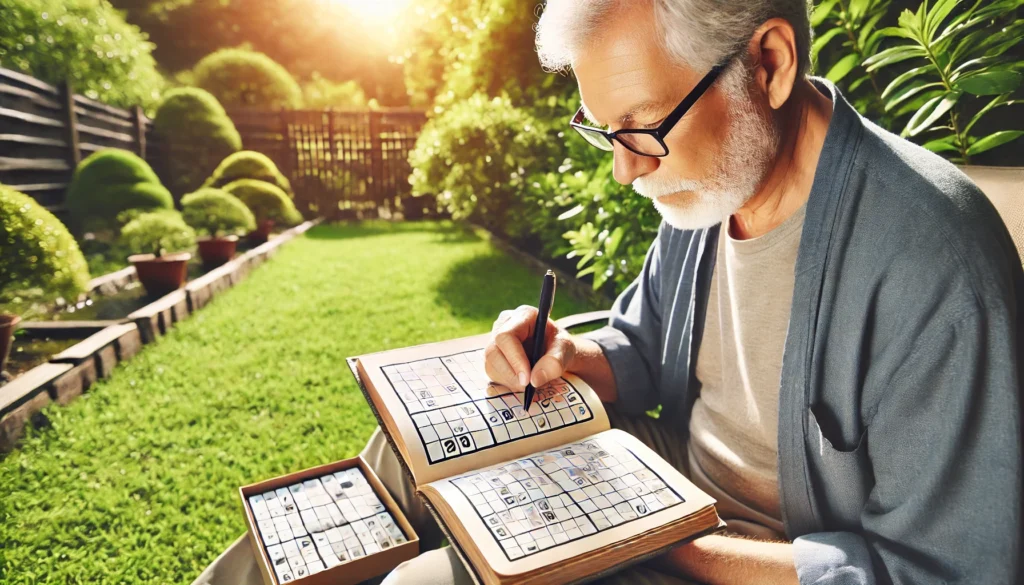 A serene portrayal of a senior man sitting outdoors on a sunny day, intently solving a Sudoku puzzle in a notebook, surrounded by greenery and tranquility, showcasing easy brain games for seniors in a peaceful setting.