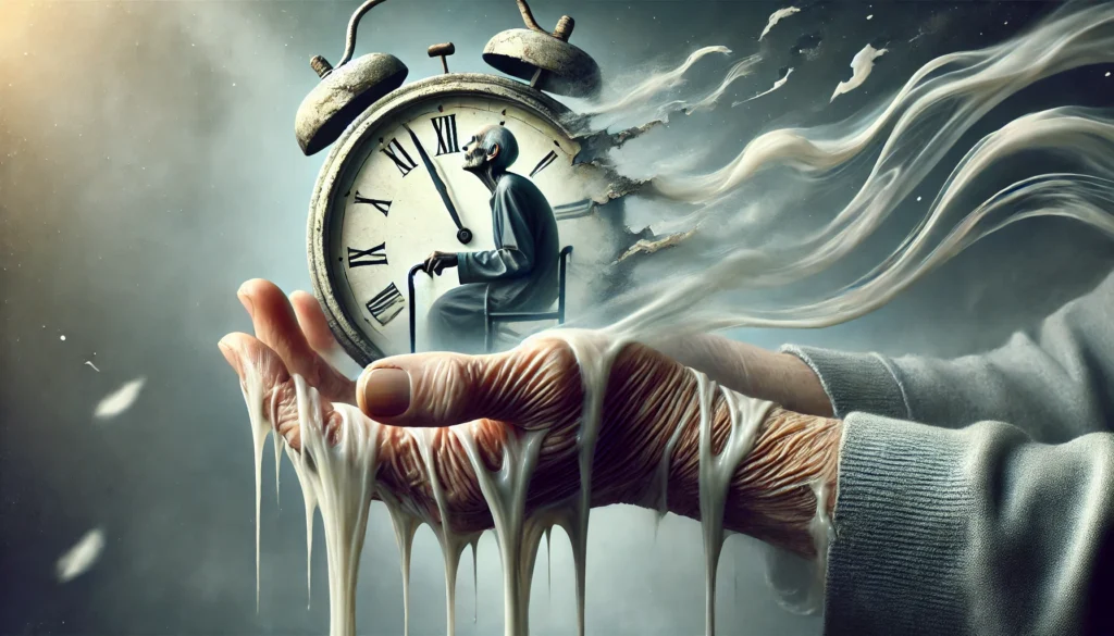 A surreal image of a clock melting and slipping away from an elderly person’s hands, symbolizing time distortion and memory loss in dementia. The background is hazy, representing the difficulty in recalling daily events and routines.