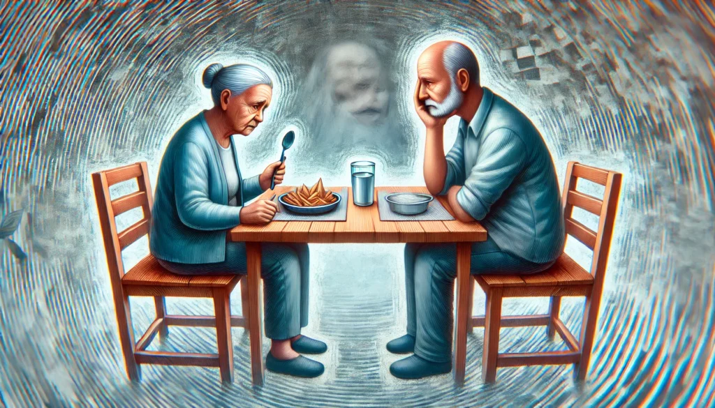 An emotional depiction of an elderly person sitting alone at a table, staring at a meal with confusion, symbolizing how dementia affects daily tasks. The background appears slightly distorted, representing cognitive struggles in recognizing familiar objects.