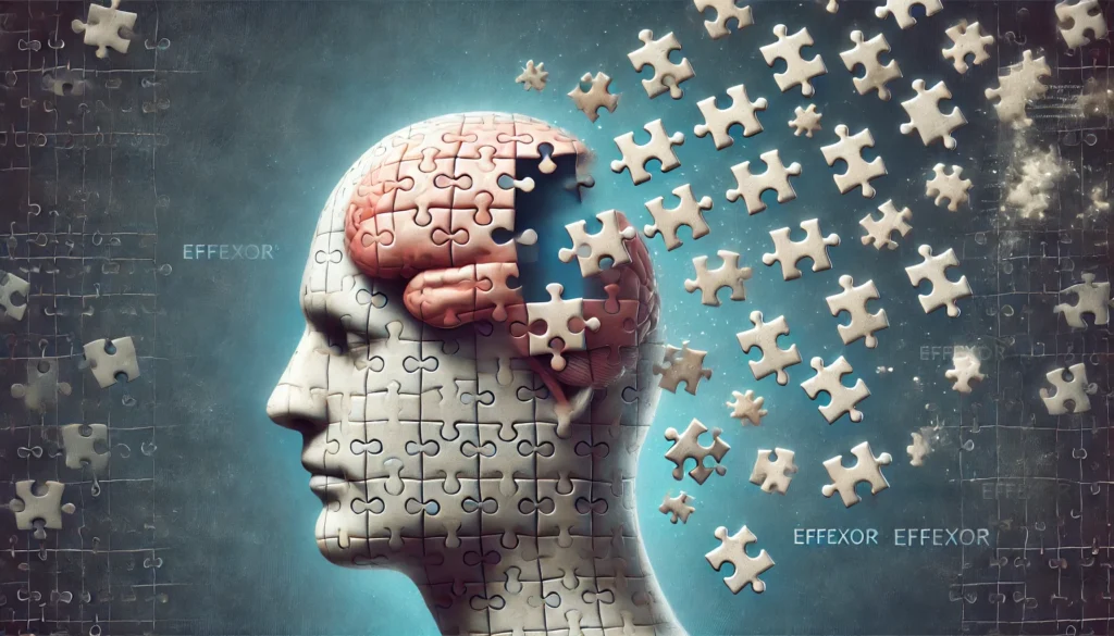 An artistic representation of a brain with puzzle pieces missing, symbolizing memory gaps associated with Effexor. Some pieces are floating away, visually depicting cognitive challenges such as forgetfulness and reduced mental clarity due to the medication.