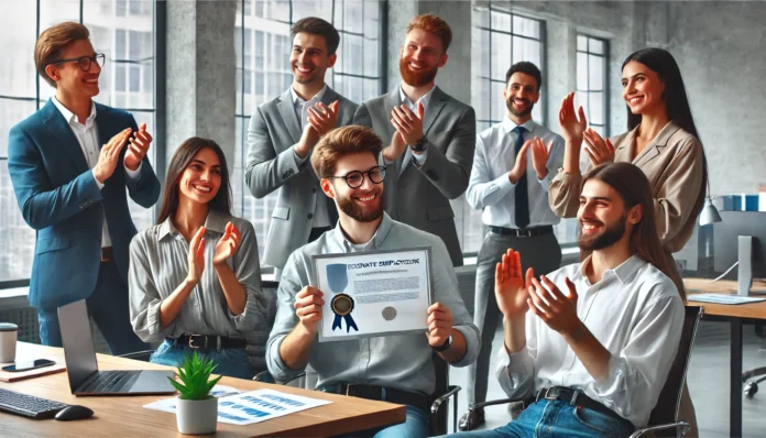 A modern office setting with a group of employees celebrating a successful project, featuring team members clapping and smiling as one holds a certificate or award, symbolizing recognition and strategies for motivating employees through appreciation and achievement.