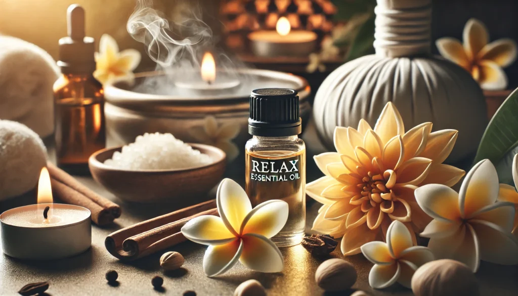 A peaceful wellness setting showcasing a small bottle of relax essential oil, surrounded by ylang-ylang flowers and sandalwood pieces, with soft lighting and gentle steam enhancing relaxation.