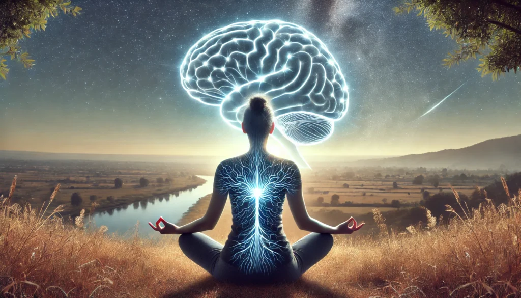 A person practicing yoga in an open natural setting, with a glowing brain outline superimposed on their head. The surrounding energy waves symbolize improved memory, focus, and cognitive function through exercise.