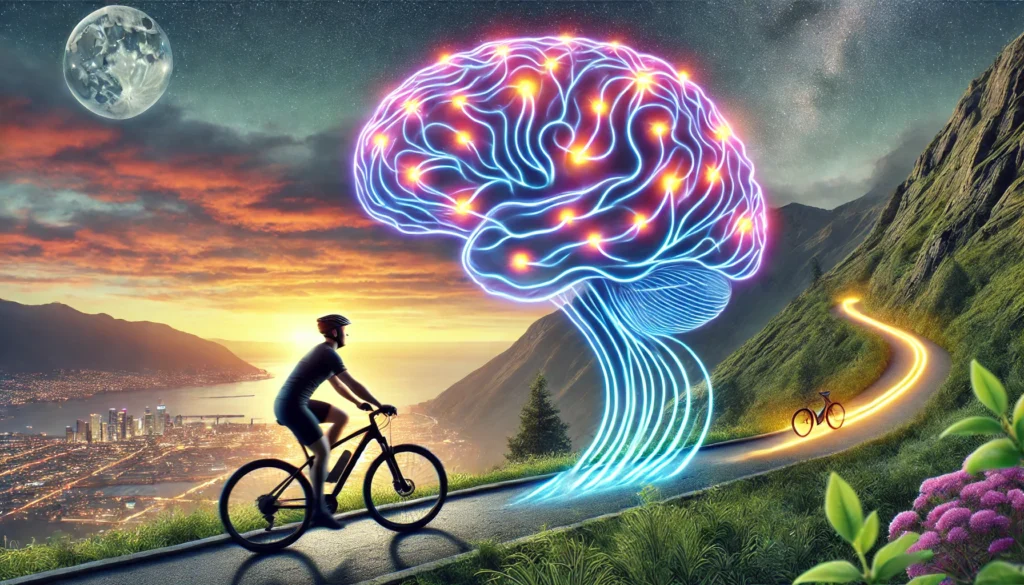 A conceptual image of a human brain being activated by aerobic exercise, represented by a person cycling on a scenic trail. The glowing neural connections illustrate the enhanced memory functionality resulting from physical activity.