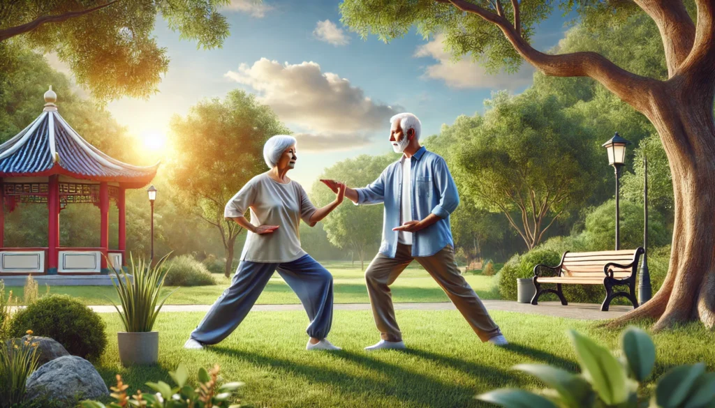 An elderly man and his caregiver practice tai chi in a tranquil park, surrounded by greenery and a clear blue sky, emphasizing exercises for dementia sufferers that combine physical activity with mental engagement.