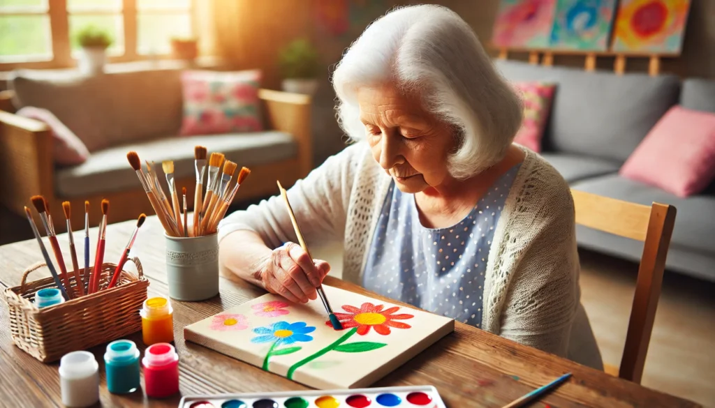 An elderly woman participates in art therapy, painting colorful flowers on a canvas at a wooden table. The scene highlights the benefits of creative exercises for dementia sufferers, fostering cognitive stimulation and emotional well-being.