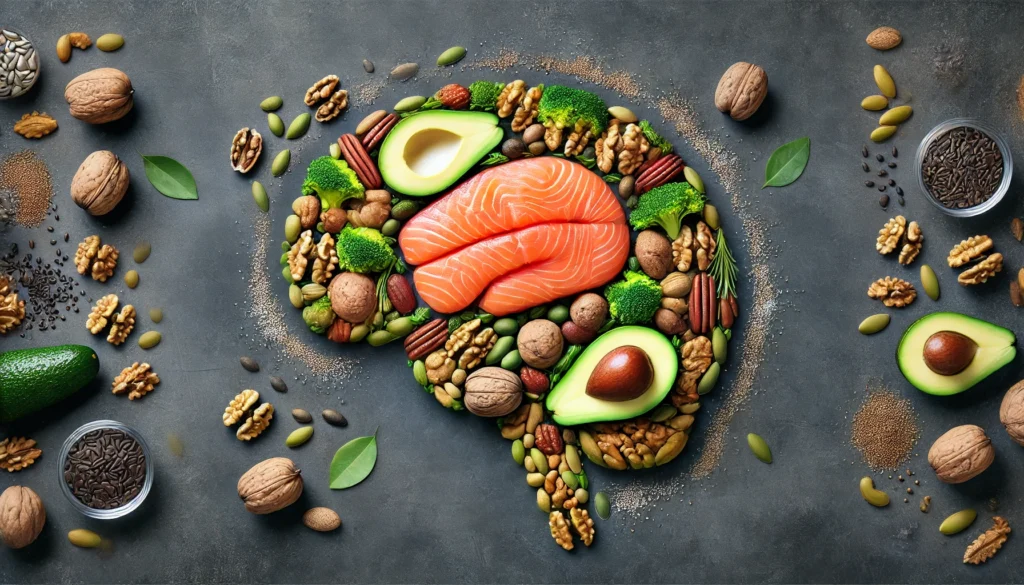 A creative visual representation of a human brain made entirely from omega-3-rich foods like salmon, walnuts, avocado, and seeds. The ingredients are carefully arranged to form a realistic yet artistic brain shape, illustrating the role of healthy fats in cognitive function.