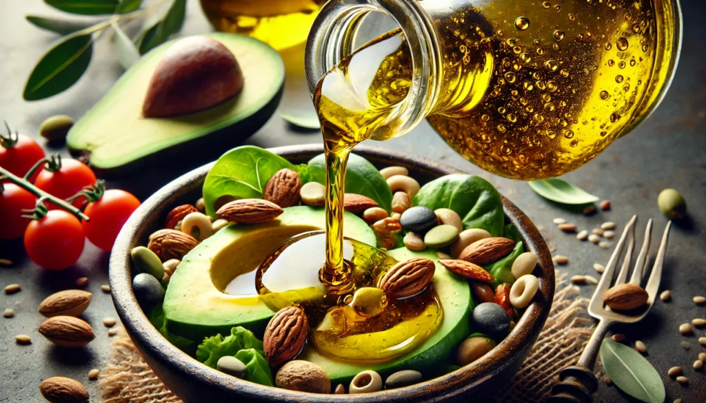 A stunning macro shot of golden olive oil being poured over a fresh salad containing avocados, nuts, and seeds. The rich texture of the oil and the vibrant colors of the ingredients convey the nourishing benefits of healthy fats for brain function.