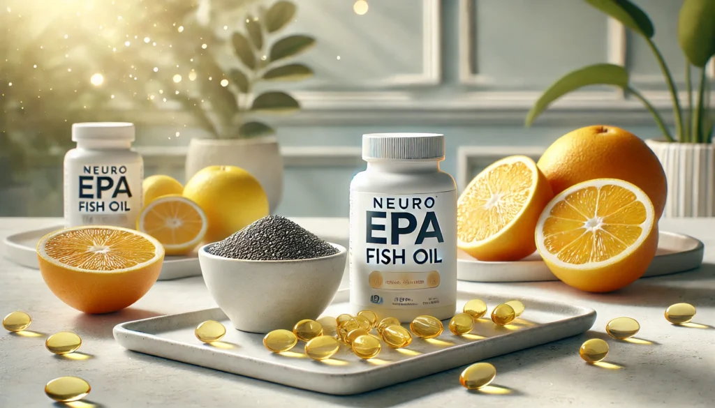 A modern depiction of Neuro EPA fish oil capsules on a white ceramic plate, accented by vibrant citrus fruits and a bowl of chia seeds, with a clean and fresh aesthetic