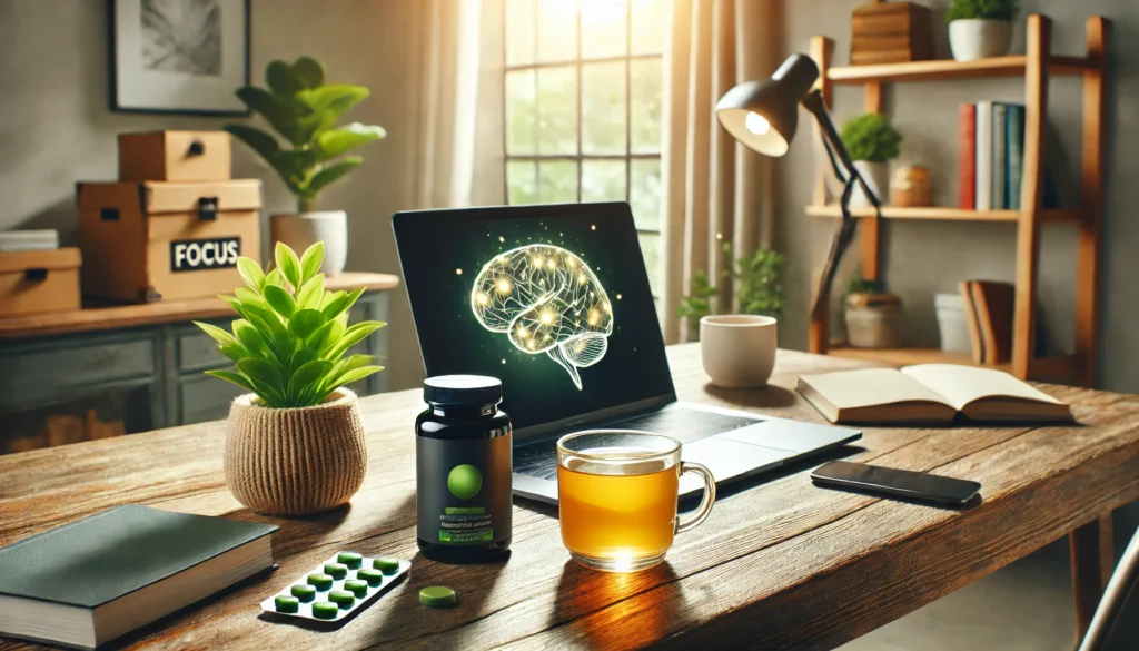 A cozy home workspace featuring a bottle of OTC focus supplements, a laptop, and a cup of green tea on a wooden desk with a plant in the background, symbolizing a balanced approach to cognitive enhancement.