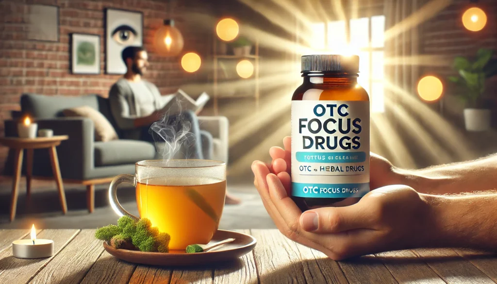 A close-up of a hand holding a bottle of OTC focus drugs next to a cup of herbal tea, set against a peaceful living room background, symbolizing relaxation and mental clarity with bright, soft lighting.