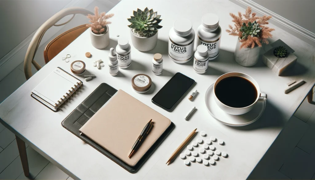 A flat lay setup featuring a variety of OTC focus supplements in bottles, a cup of coffee, and a planner with a pen on a bright, white desk, symbolizing organization and productivity with minimalist decor and natural lighting.