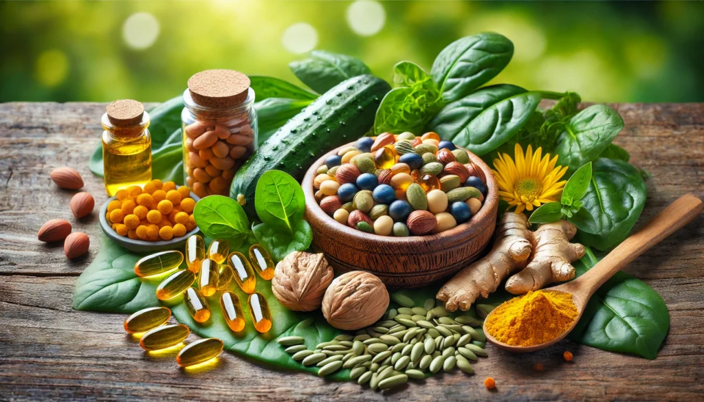 A vibrant bowl featuring natural supplements for the nervous system, including mixed nuts, seeds, and omega-3 capsules, surrounded by leafy greens and turmeric roots, with a serene natural green background