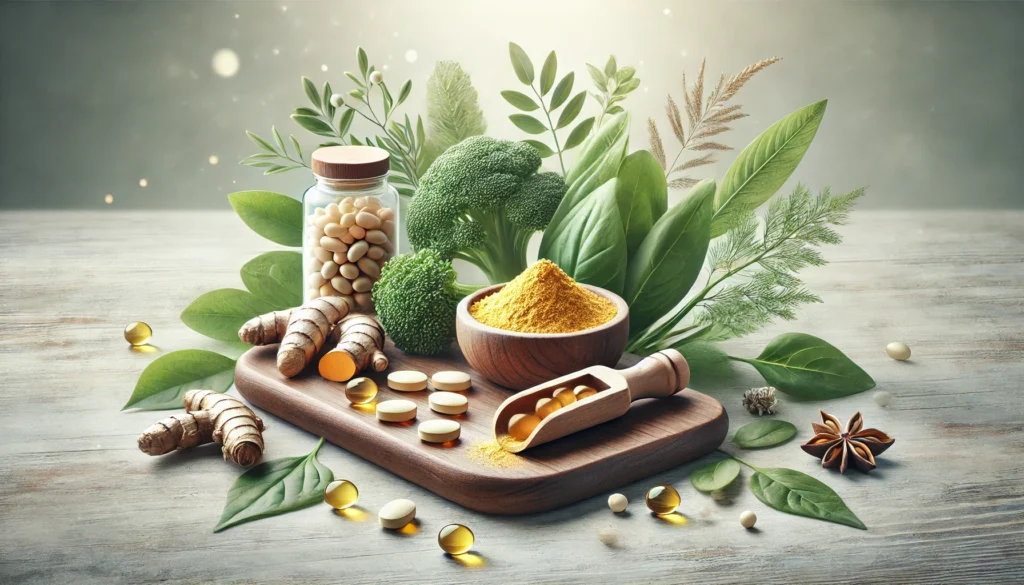 A natural supplement concept for the nervous system, showcasing omega-3 capsules, turmeric roots, leafy greens, and a wooden scoop of magnesium powder on a smooth wooden surface with a soft, airy white background