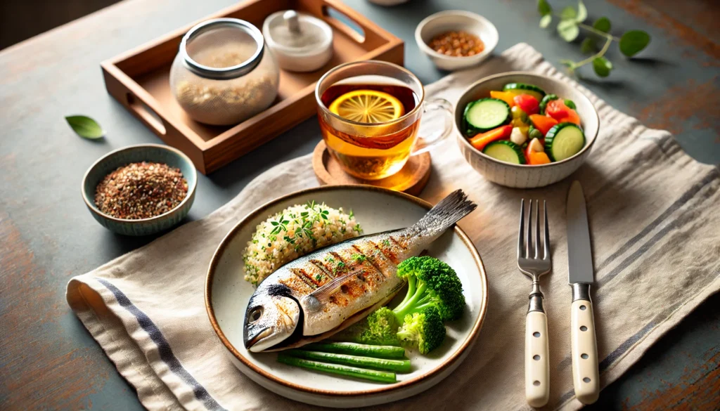 A cozy dining scene featuring a plate of grilled fish, steamed vegetables, and quinoa, along with a glass of herbal tea. The meal represents a well-balanced diet that dementia caregivers can prepare to enhance brain function and overall well-being.