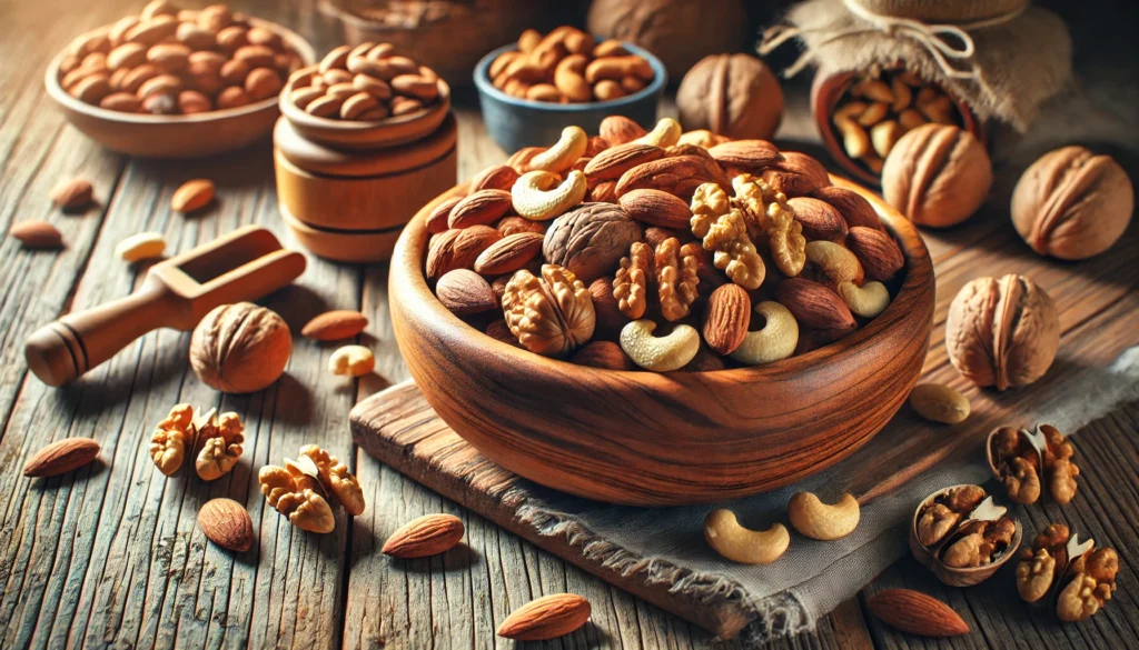 A wooden bowl filled with mixed nuts including walnuts, almonds, and cashews, sitting on a rustic kitchen counter. The natural textures and earthy tones symbolize brain health and cognitive function benefits.