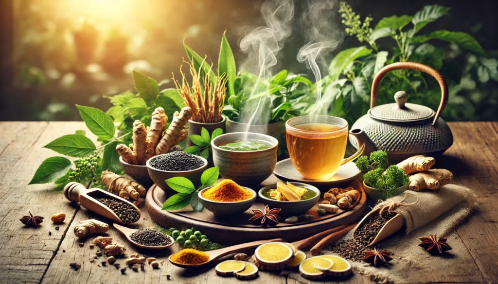 A beautifully arranged herbal tea preparation scene featuring ingredients like green tea, ginseng, and turmeric, known for their memory-boosting properties. The warm steam rising from the cups symbolizes relaxation and cognitive benefits.