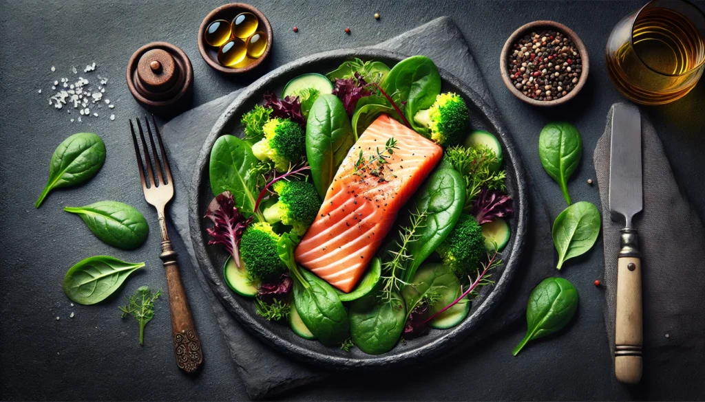 A fresh seafood dish featuring salmon and leafy greens, plated elegantly on a dark slate plate. The rich omega-3 fatty acids in the ingredients symbolize enhanced brain function and improved memory.