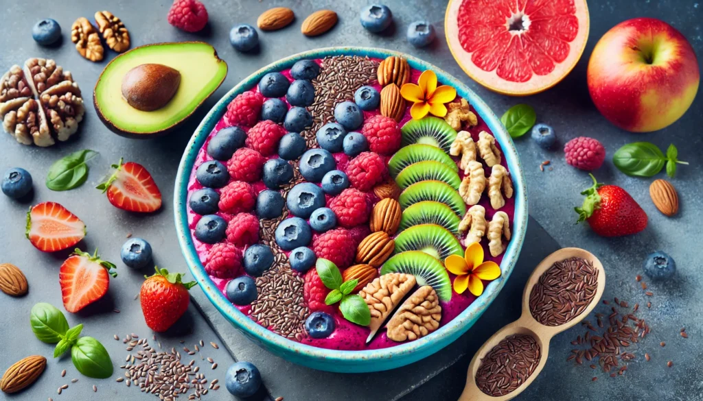 A vibrant smoothie bowl packed with dementia-fighting ingredients like flaxseeds, berries, and nuts, topped with fresh fruit slices. The colorful presentation emphasizes the power of nutrition in supporting cognitive health.