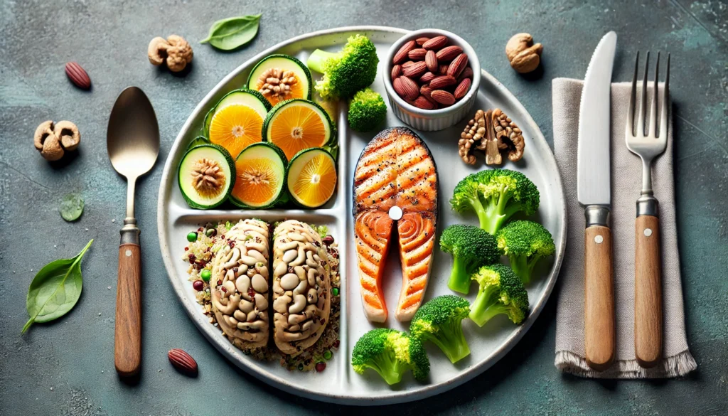 An elegant dinner plate with brain-healthy foods like grilled salmon, quinoa, and steamed broccoli, arranged in a visually appealing manner. The meal highlights the role of nutrient-rich foods in reducing dementia risk and promoting brain function.