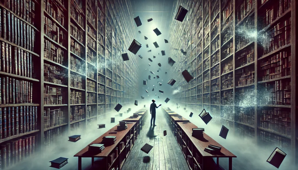 A vast, surreal library with endless bookshelves, where books are vanishing into wisps of smoke. A lone figure desperately searches for a disappearing book in the dim, ethereal glow, representing forgotten knowledge.