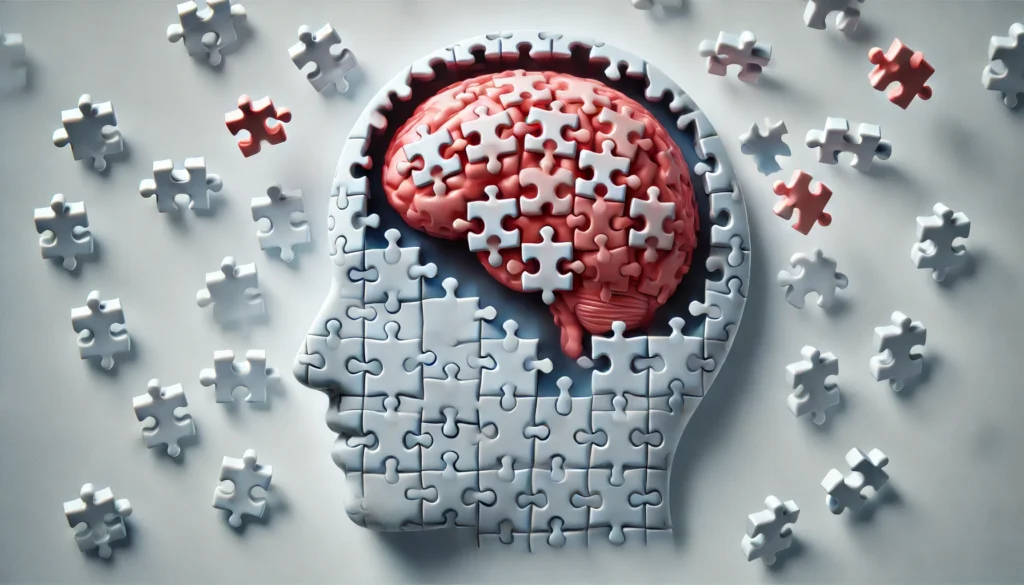 An abstract visualization of a human brain with missing puzzle pieces around the speech center, symbolizing difficulty in retrieving words while speaking. Some pieces appear to be floating away, representing temporary memory lapses.