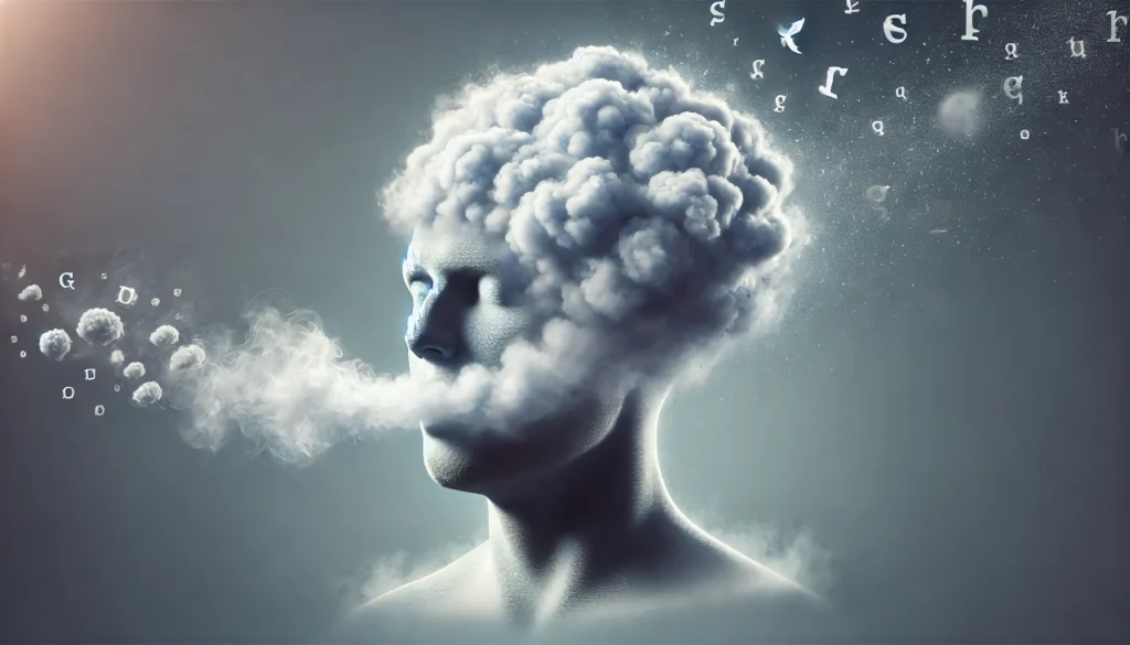 A conceptual image of a person with a cloud-like fog around their mouth as they attempt to speak, symbolizing the mental block of forgetting words. The fog dissipates into the air, illustrating thoughts slipping away before articulation.