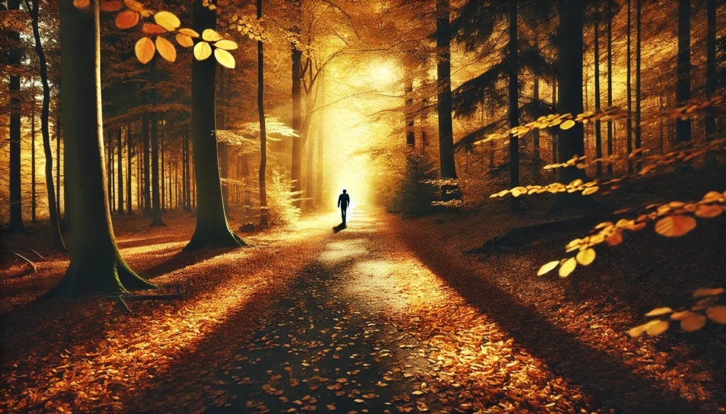 A peaceful autumn forest path covered in golden leaves, with a lone traveler walking away into the distance, symbolizing the act of letting go and moving forward. Sunlight filters through the trees, casting a warm, calming glow