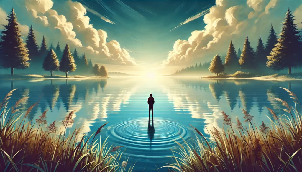 A serene landscape of a person standing at the edge of a calm lake, gazing at the vast open sky, symbolizing the concept of letting go. The surroundings include lush trees and gentle ripples on the water, evoking a sense of peace and reflection