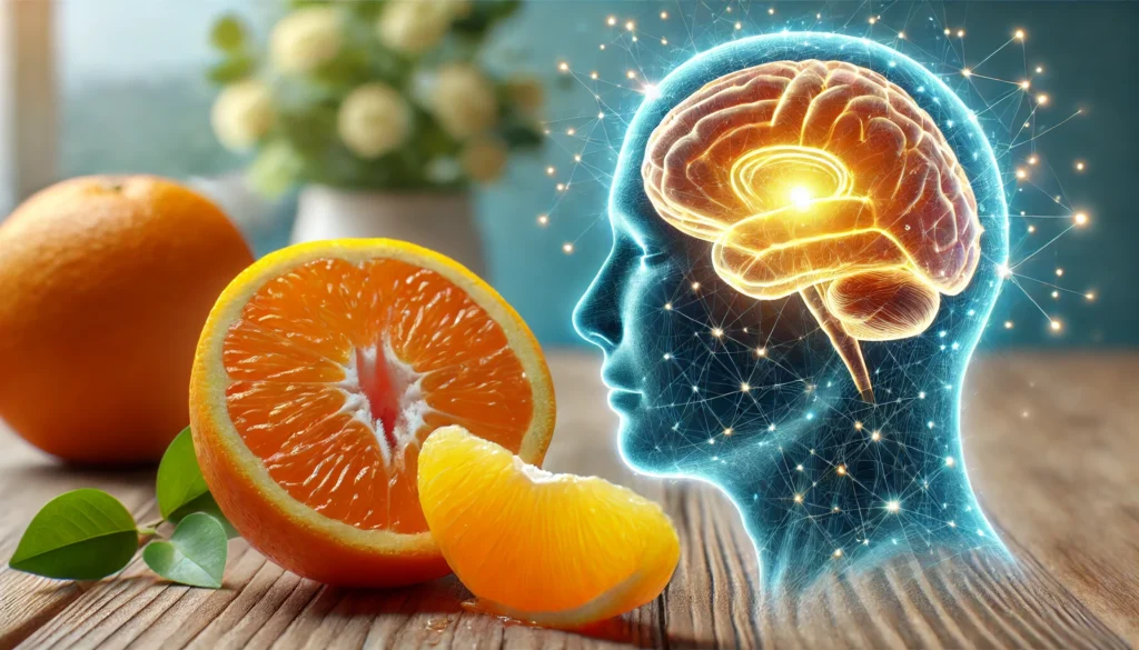 fresh orange pulp, vibrant and juicy, placed on a wooden surface. In the background, a transparent human brain is glowing