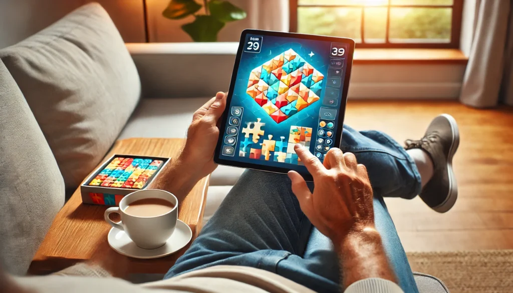 An adult playing a colorful digital brain-training game on a tablet while seated on a couch. This scene illustrates the role of digital games to improve concentration for adults, combining relaxation with mental enhancement.